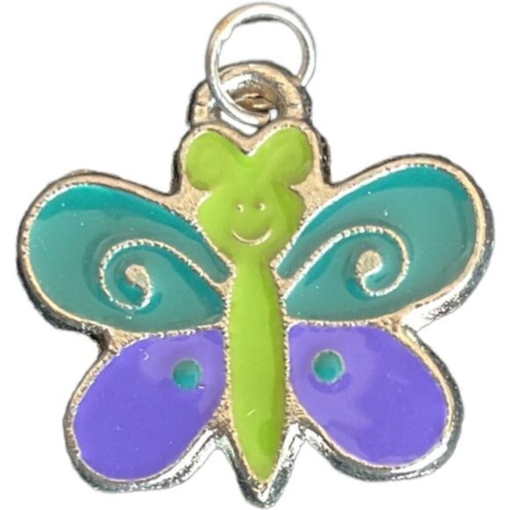 Butterfly Charm Pendant Purple & Green Enamel With Silver-Tone Outline